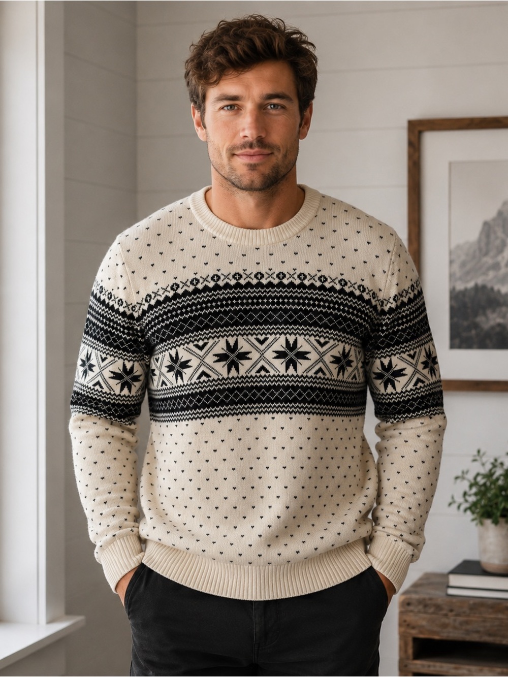 Selected Hommes Beige and Black Vintage Christmasy Classic Sweater 100% Cotton